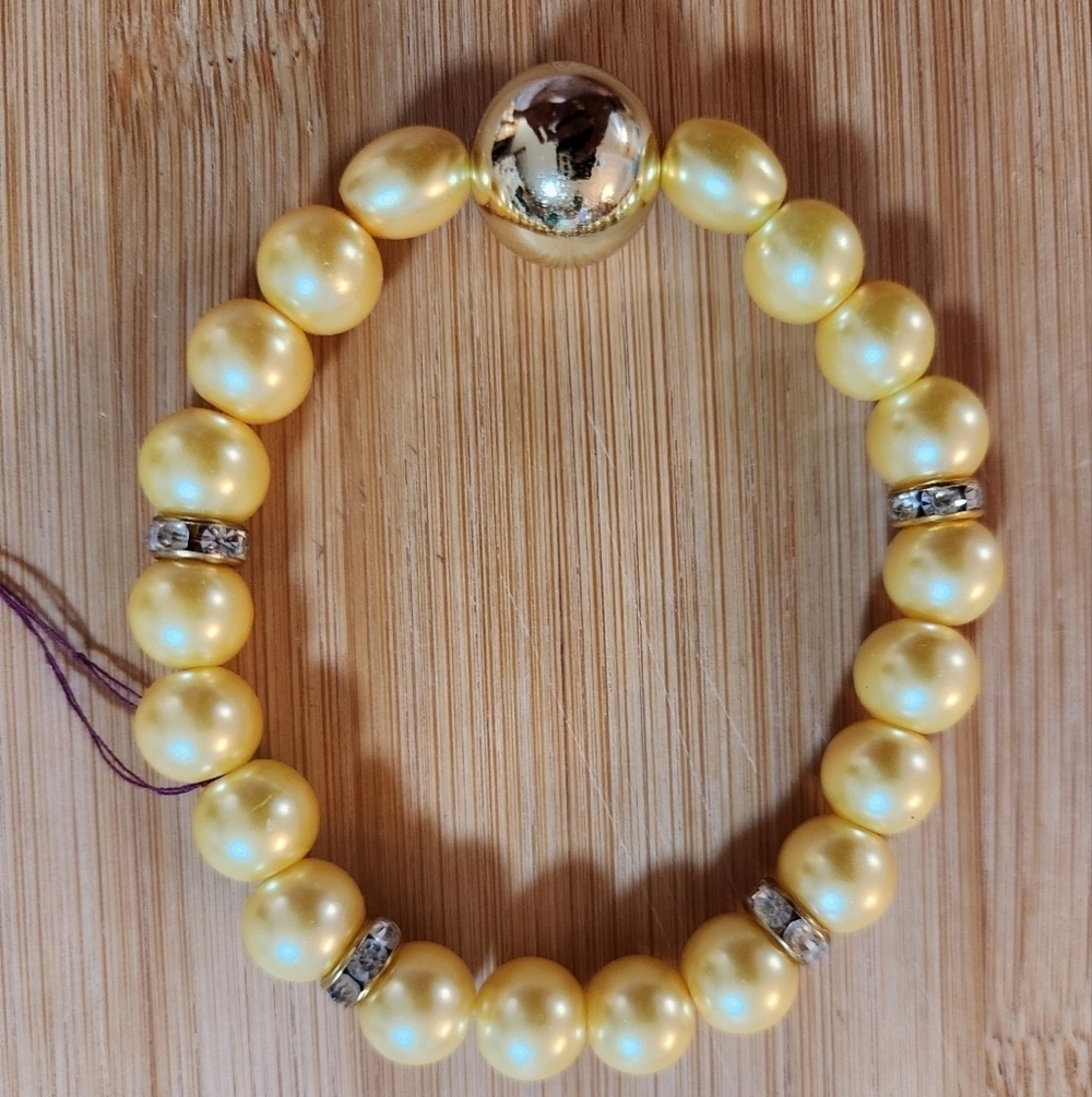 Hand Crafted Stretch Bracelet Pearl Rhinestones Yellow Gold Focal Beads